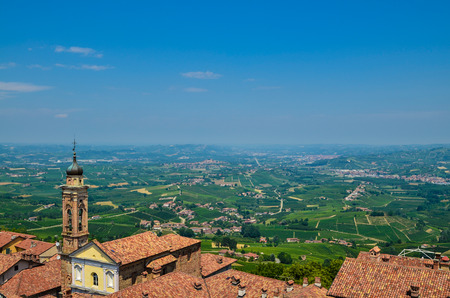 La morra, Piedmont, Italy. July 2018. Aerial view from the top of the bell tower. The red roofs and the countryside in the distance stand out. We are in the heart of the Langhe, land of fine wines.のeditorial素材