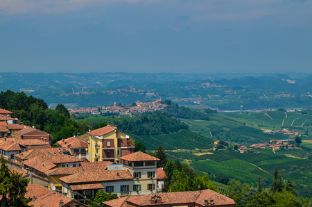 La morra, Piedmont, Italy. July 2018. Aerial view from the top of the bell tower. The red roofs and the countryside in the distance stand out. We are in the heart of the Langhe, land of fine wines.のeditorial素材