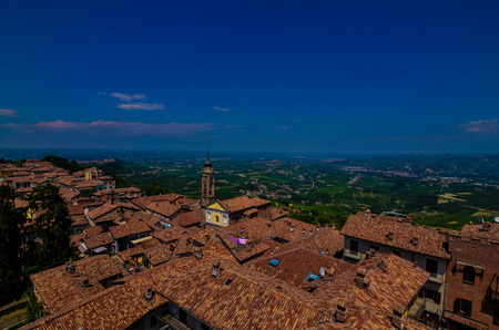 La morra, Piedmont, Italy. July 2018. Aerial view from the top of the bell tower. The red roofs and the countryside in the distance stand out. We are in the heart of the Langhe, land of fine wines.のeditorial素材