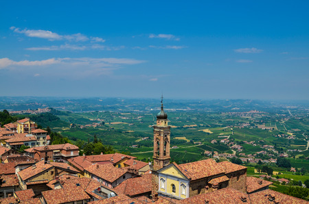 La morra, Piedmont, Italy. July 2018. Aerial view from the top of the bell tower. The red roofs and the countryside in the distance stand out. We are in the heart of the Langhe, land of fine wines.のeditorial素材