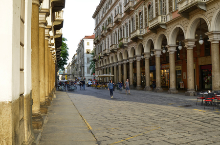 Turin, Piedmont region, Italy. May 2018. The beginning of Via Garibaldi, adjacent to Piazza Statuto. Via Garibaldi is one of the main pedestrian streets in the historic center of Turin.のeditorial素材