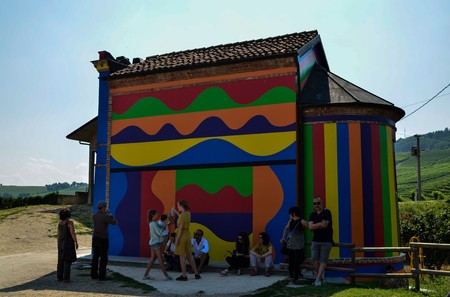 La Morra, province of Cuneo, Piedmont, Italy. July 15, 2018. In the territory of the Langhe, at La Morra is the Chapel of the Madonna delle Grazie. Most commonly Cappella del Barolo. Colorful!のeditorial素材