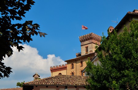 Barolo, province of Cuneo, Piedmont, Italy. July 2018. View of the castle of Barolo, home of the wine museum, is the landmark of the town: clearly visible from any point of view.のeditorial素材