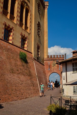 Barolo, province of Cuneo, Piedmont, Italy. July 2018. View of the castle of Barolo, home of the wine museum, is the landmark of the town: clearly visible from any point of view.のeditorial素材