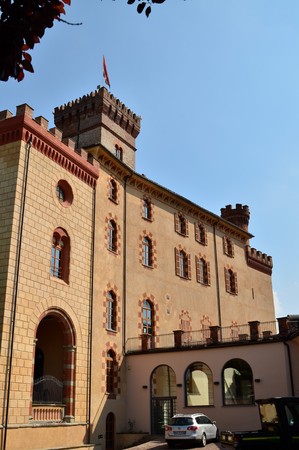 Barolo, province of Cuneo, Piedmont, Italy. July 2018. View of the castle of Barolo, home of the wine museum, is the landmark of the town: clearly visible from any point of view.のeditorial素材