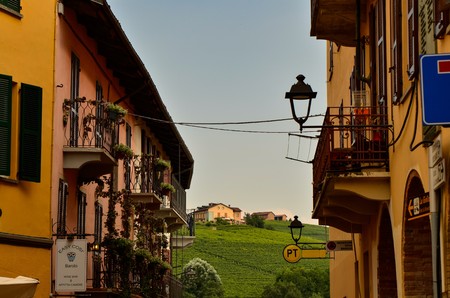 Barolo, province of Cuneo, Piedmont, Italy. July 2018. The alleys of the old town are very typical, pretty and colorful, they have a wide choice of restaurants and wineries.のeditorial素材