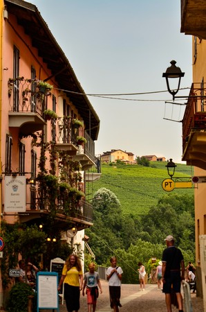 Barolo, province of Cuneo, Piedmont, Italy. July 2018. The alleys of the old town are very typical, pretty and colorful, they have a wide choice of restaurants and wineries.のeditorial素材