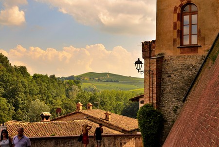 Barolo, Piedmont, Italy. July 2018. From the castle you have magnificent views of the surrounding countryside: the magnificent vineyards are the protagonists. UNESCO heritage views.のeditorial素材