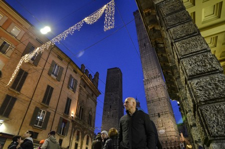 Bologna, Emilia Romagna, Italy. December 2018. The two medieval towers of the city Asinelli, the highest and Garisenda. They are a symbol of the city and a point of reference.のeditorial素材