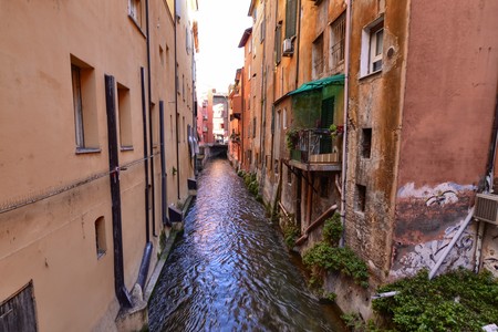 Bologna, Emilia Romagna, Italy. December 2018. A hidden part of the city reminiscent of Venice! The Rhine canal runs between the houses giving a very similar image. All tourists stop to admire it.のeditorial素材