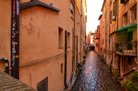 Bologna, Emilia Romagna, Italy. December 2018. A hidden part of the city reminiscent of Venice! The Rhine canal runs between the houses giving a very similar image. All tourists stop to admire it.のeditorial素材