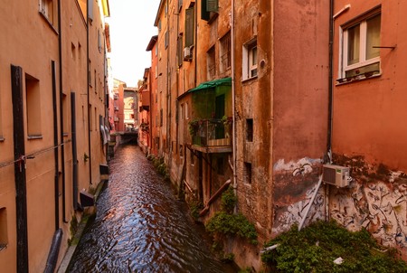 Bologna, Emilia Romagna, Italy. December 2018. A hidden part of the city reminiscent of Venice! The Rhine canal runs between the houses giving a very similar image. All tourists stop to admire it.のeditorial素材