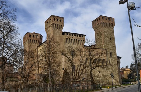 Vignola, Emilia Romagna, Italy. January 2019. The fortress of Vigonola seen from the south, overlooking the bank of the river Panaro. The cars, along the bridge over the river, can admire it.のeditorial素材
