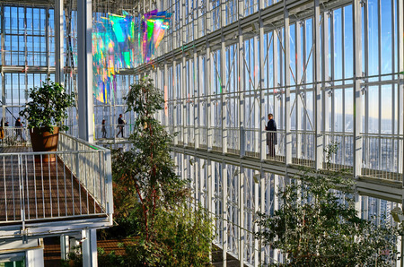 Turin, Piemonte, Italy. February 2019. The thirty-fifth floor of the Intesa Sanpaolo bank skyscraper. A hanging garden with futuristic furnishing elements welcome visitors with iridescence effectsのeditorial素材