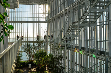 Turin, Piemonte, Italy. February 2019. The thirty-fifth floor of the Intesa Sanpaolo bank skyscraper. A hanging garden with futuristic furnishing elements welcome visitors.のeditorial素材