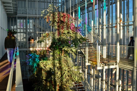 Turin, Piemonte, Italy. February 2019. The thirty-fifth floor of the Intesa Sanpaolo bank skyscraper. A hanging garden with futuristic furnishing elements welcome visitors with iridescence effectsのeditorial素材
