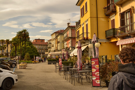 Verbania, Piedmont, Italy. March 2019. On the lakeside bar, ice cream parlors, restaurants offer refreshment to tourists during their visit. From these rooms you can enjoy the view of the lake in relax.のeditorial素材