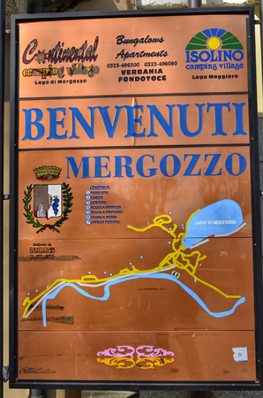 Mergozzo, Piedmont, Italy. March 2019. On the lakefront, tourist information signs.のeditorial素材