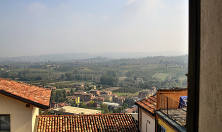 Neive, Piedmont, Italy. October 2018. From the historic center some viewpoints offer the spectacle of vineyards and countryside alternating with houses along the hills.のeditorial素材