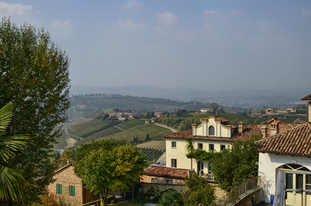 Neive, Piedmont, Italy. October 2018. From the historic center some viewpoints offer the spectacle of vineyards and countryside alternating with houses along the hills.のeditorial素材
