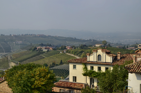 Neive, Piedmont, Italy. October 2018. From the historic center some viewpoints offer the spectacle of vineyards and countryside alternating with houses along the hills.のeditorial素材