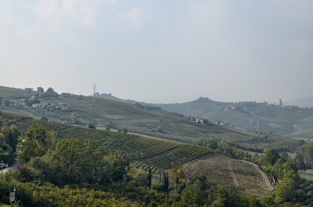 Neive, Piedmont, Italy. October 2018. From the historic center some viewpoints offer the spectacle of vineyards and countryside alternating with houses along the hills.のeditorial素材