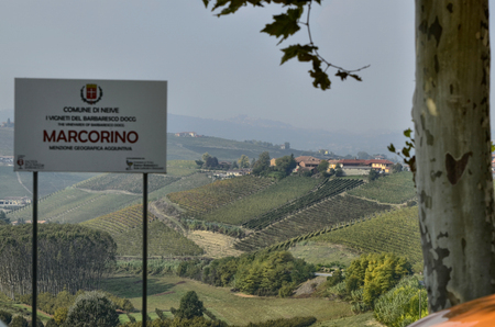 Neive, Piedmont, Italy. October 2018. The landscape of the vineyards of Barbaresco with the sign of the municipality of neive with the additional name marcorino.のeditorial素材