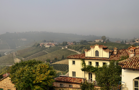 Neive, Piedmont, Italy. October 2018. From the historic center some viewpoints offer the spectacle of vineyards and countryside alternating with houses along the hills.のeditorial素材