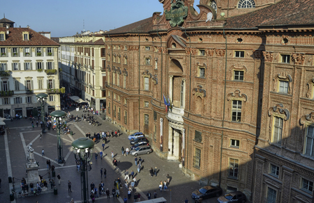 Turin, Piemonte, Italy. March 2019. From inside the Egyptian museum, you have a privileged point of view on the historic center: piazza Carignanoのeditorial素材