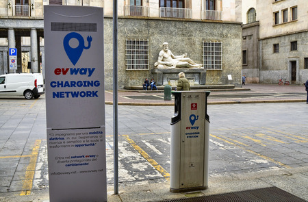 Turin, Piedmont, Italy. April 2018. In the CLN square a charging station for electric cars. In the...
