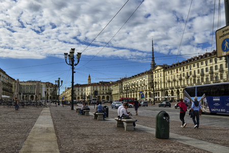 Turin, Piedmont, Italy. May 2019. Piazza vittorio, one of the city's main squares. It is a meeting place both day and night. On the right stands the top of the Mole Antonelliana.のeditorial素材