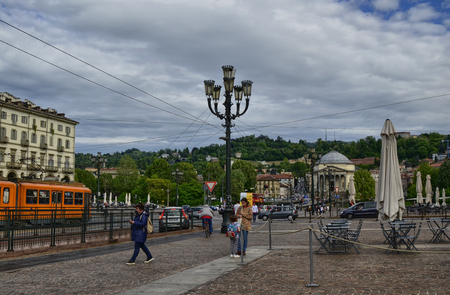 Turin, Piedmont, Italy. May 2019. Piazza vittorio, one of the main squares of the city. It is a meeting place for both day and night. In the background the church of the great mother is recognizable.のeditorial素材