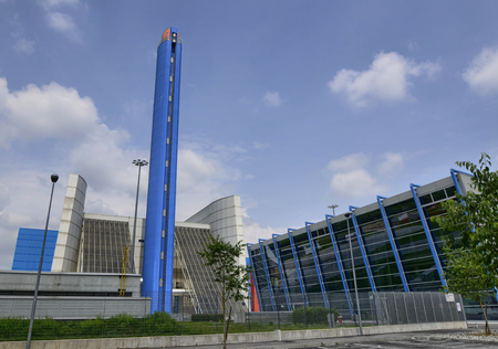 Turin, Gerbido, Piedmont Italy Gugno 3 2018. The waste-to-energy plant of the company TRM-IREN GROUP. Overall view of the waste-to-energy plant and its management center. 120m high chimney.のeditorial素材