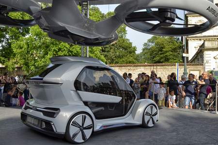 Turin, Piemonte, Italy. June 2018. Fully electric modular system resulting from the collaboration between Audi Airbus and Italdesign. Land and air vehicle on display at the auto show.のeditorial素材