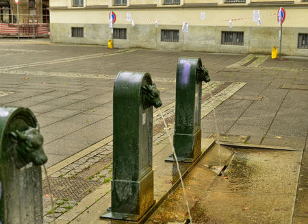 Turin, Piedmont, Italy. May 2019. A look at Piazza Gian Lorenzo Bernini. A triptych of drinking water fountains, the first shows the clear bull's head and the others blurred in the background.のeditorial素材