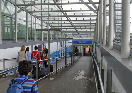 Stansted Airport - Stansted Express London, United Kingdom. June 14 2018. Airport reception signs and directions for the train to London, the Stansted Express.のeditorial素材