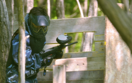 Paintball battle. The battlefield is equipped with turrets: they allow players to shoot their opponents from a privileged point of view while remaining protected.の写真素材