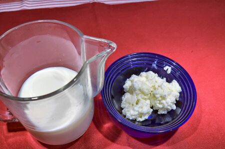 Preparation of milk kefir. On the table a bowl full of Kefir granules. Milk is poured into the glass jug.の写真素材