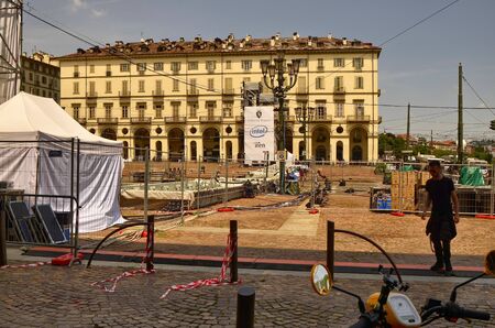 Turin, Piemonte, Italy. June 2019. Piazza Vittorio. For the night show with luminous drones to celebrate the patron saint of the city, the square is equipped with technological equipment.のeditorial素材