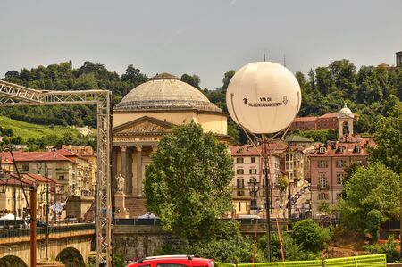 Turin,Piedmont,Italy.June 2019. From piazza Vittorio view of the church of the great Mother. For the night show to celebrate the patron of the city, the square is equipped with technological equipmentのeditorial素材