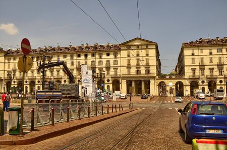 Turin, Piemonte, Italy. June 2019. Piazza Vittorio. For the night show with luminous drones to celebrate the patron saint of the city, the square is equipped with technological equipment.のeditorial素材