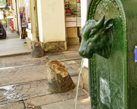 Turin, Piedmont, Italy. June 2019. Piazza Vittorio. The characteristic fountain of drinking water of the city, in dialect the turet or torello. The jet of water comes out of the head of a metal bull.のeditorial素材
