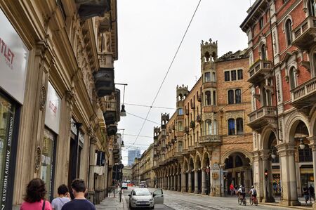 Turin, Piedmont, Italy. June 2019. In the historic center, via Pietro Micca: the most beautiful historic buildings overlook it.のeditorial素材