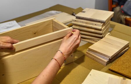 Turin, Piedmont, Italy. July 2019. Assembly of an Ikea furniture drawer. A Caucasian woman positions...