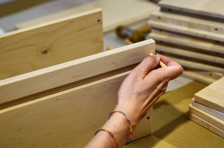 Turin, Piedmont, Italy. July 2019. Assembly of an Ikea furniture drawer. A Caucasian woman positions...