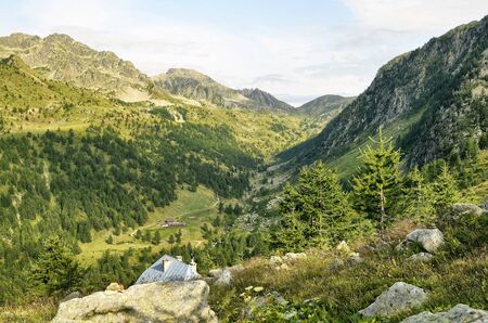 Breathtaking view of a valley in the mountains. At sant'anna di Vinadio, Piedmont, Italy. Intact and wild natureの写真素材