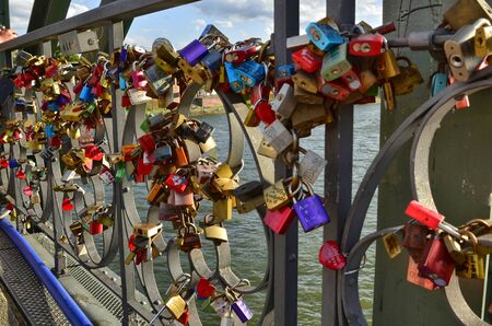 Frankfurt am Main, Germany. August 2019. The steel pedestrian bridge is a meeting place for lovers...