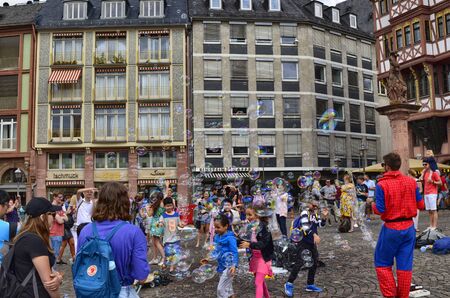 Frankfurt am Main, Germany, August 2019. The RÃ¶mer is the historic city hall of the city. From the very characteristic faÃ§ade it is one of the attractions for tourists who flock to the square.のeditorial素材