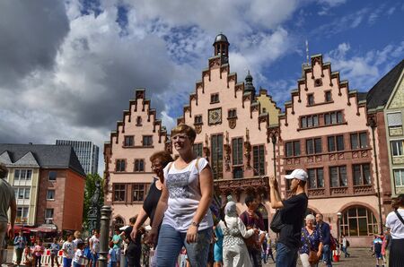 Frankfurt am Main, Germany, August 2019. The RÃ¶mer is the historic city hall of the city. From the very characteristic faÃ§ade it is one of the attractions for tourists who flock to the square.のeditorial素材