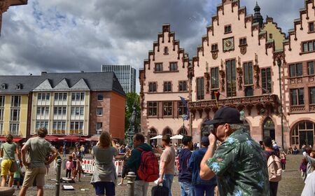 Frankfurt am Main, Germany, August 2019. The RÃ¶mer is the historic city hall of the city. From the very characteristic faÃ§ade it is one of the attractions for tourists who flock to the square.のeditorial素材